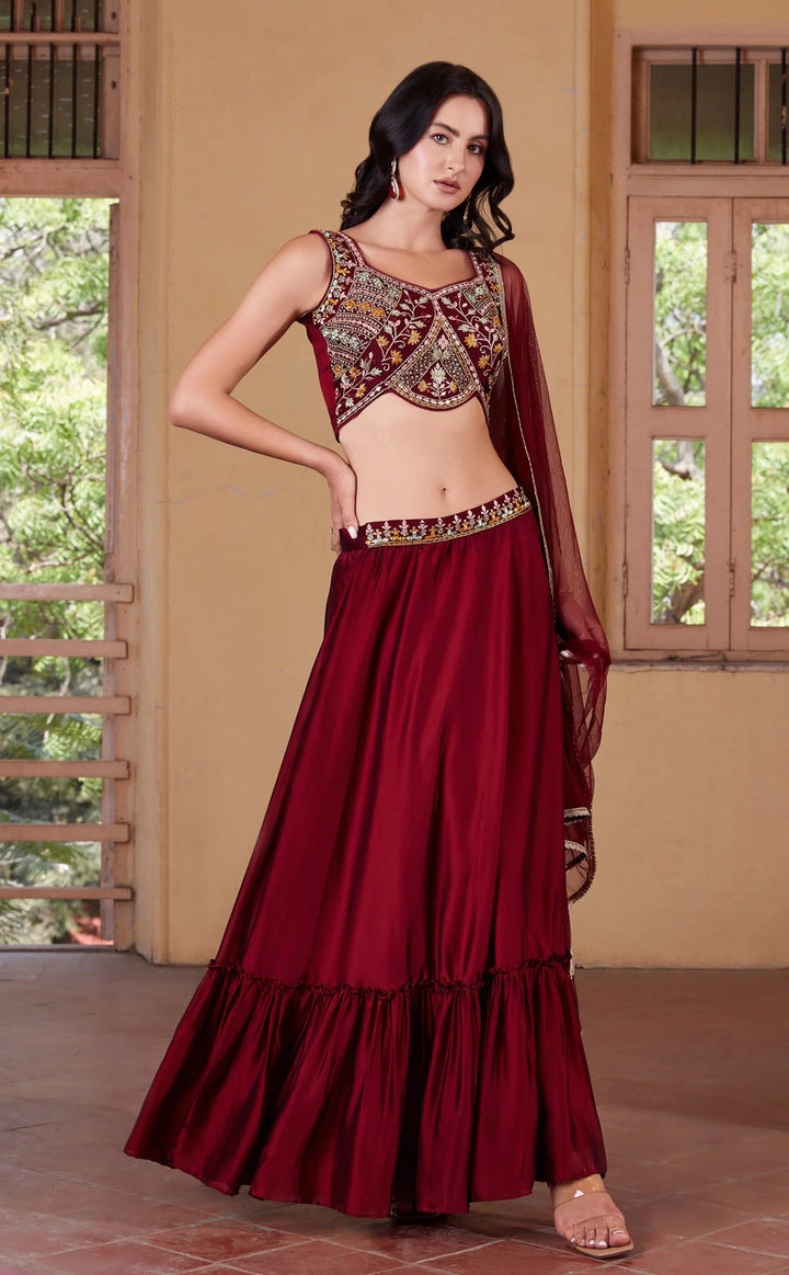 Stylish Maroon Lehenga Choli | Rangoli Fabric & Handwork