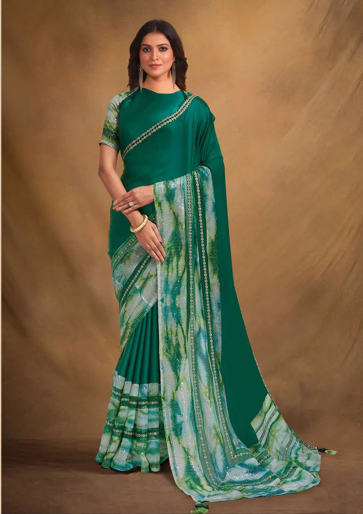 Designer Embroidered Crepe-Satin Saree | Raw-Silk Blouse for Weddings & Events