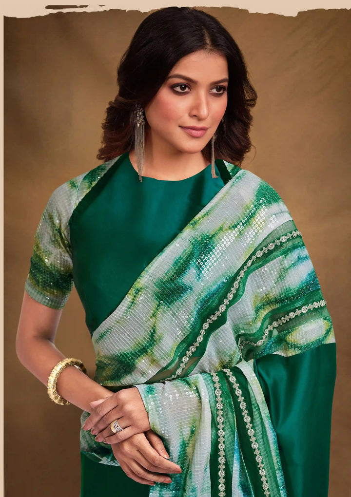 Designer Embroidered Crepe-Satin Saree | Raw-Silk Blouse for Weddings & Events