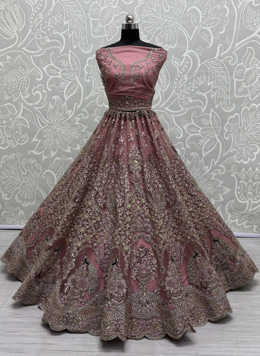 Gorgeous Peach Net Lehenga with Purple Dupatta | Crafted for Timeless Elegance