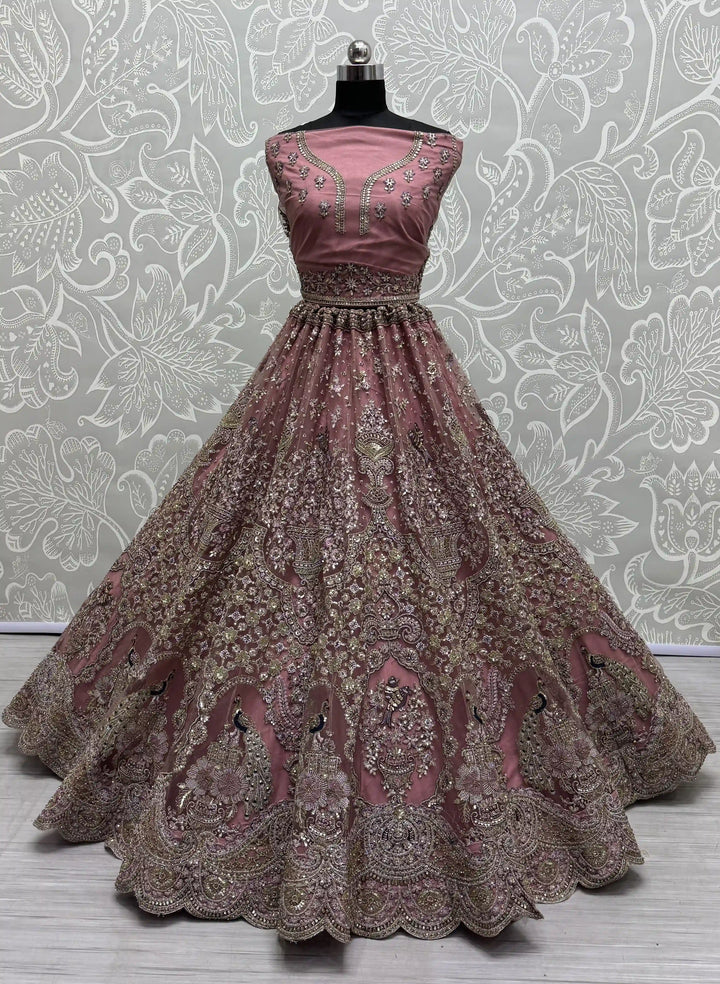 Gorgeous Peach Net Lehenga with Purple Dupatta | Crafted for Timeless Elegance