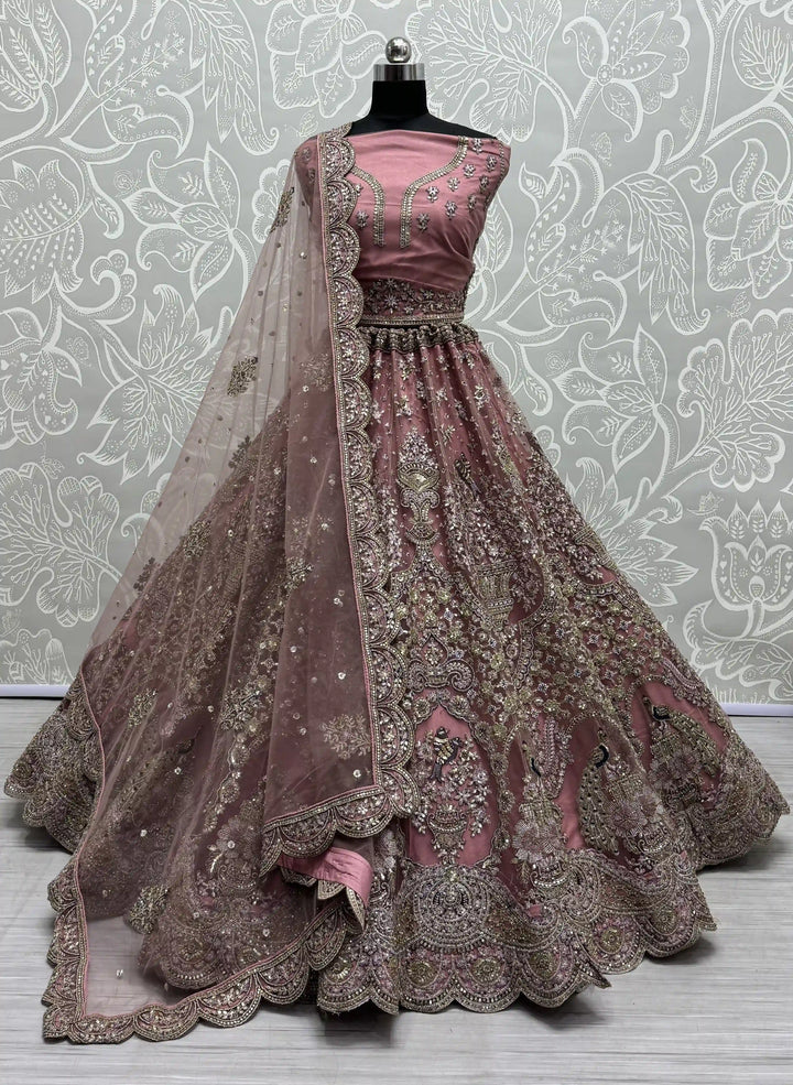 Gorgeous Peach Net Lehenga with Purple Dupatta | Crafted for Timeless Elegance