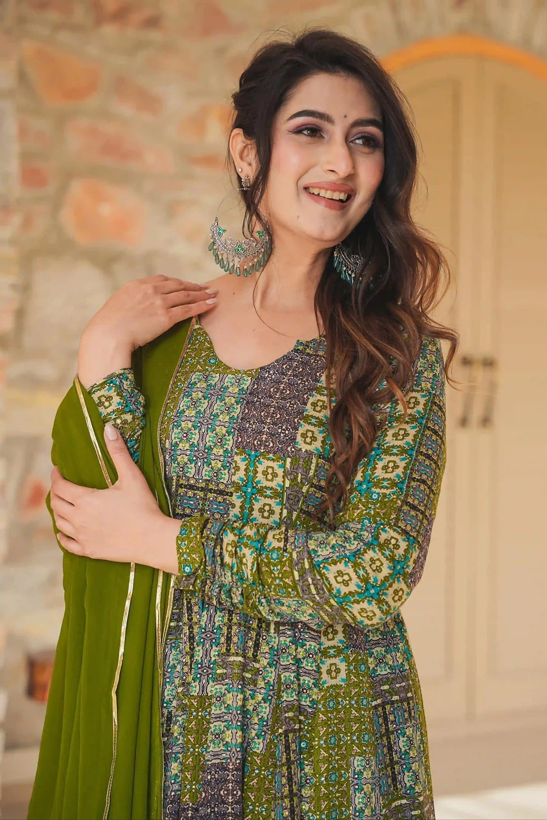 Olive Green Rayon Gown | Casual Anarkali with Printed Dupatta