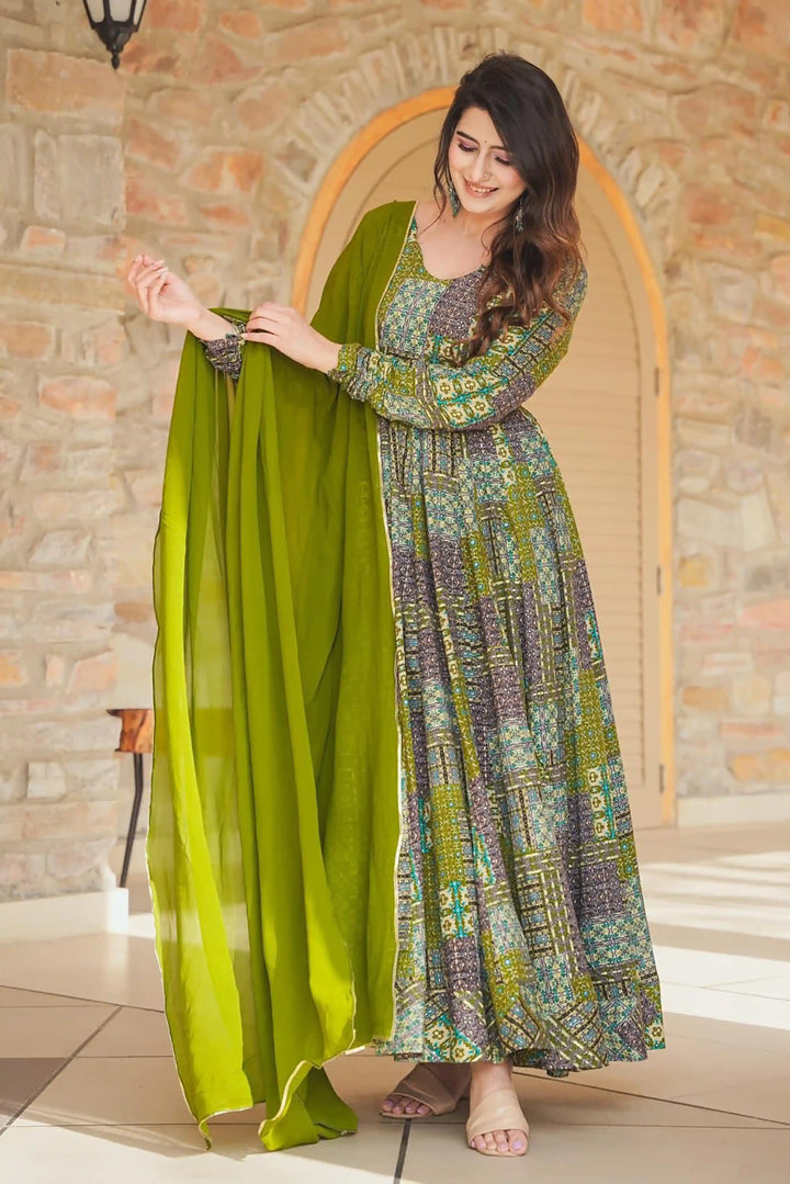 Olive Green Rayon Gown | Casual Anarkali with Printed Dupatta