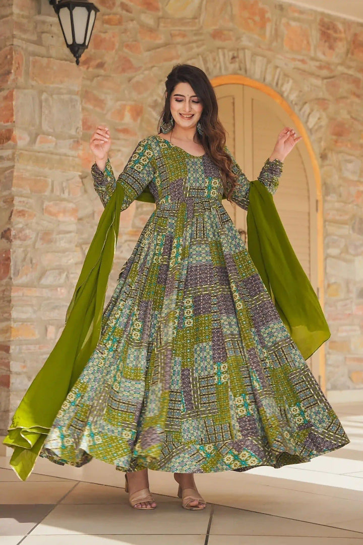 Olive Green Rayon Gown | Casual Anarkali with Printed Dupatta