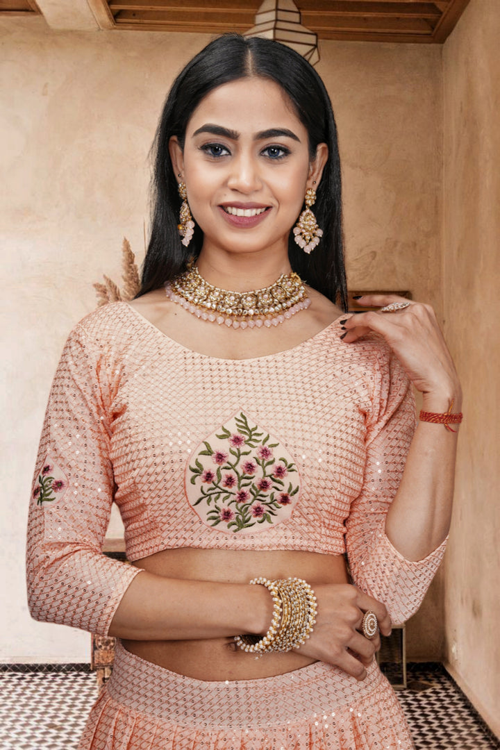 Peach Georgette Lehenga | Designer Sequence Embroidery & Dupatta