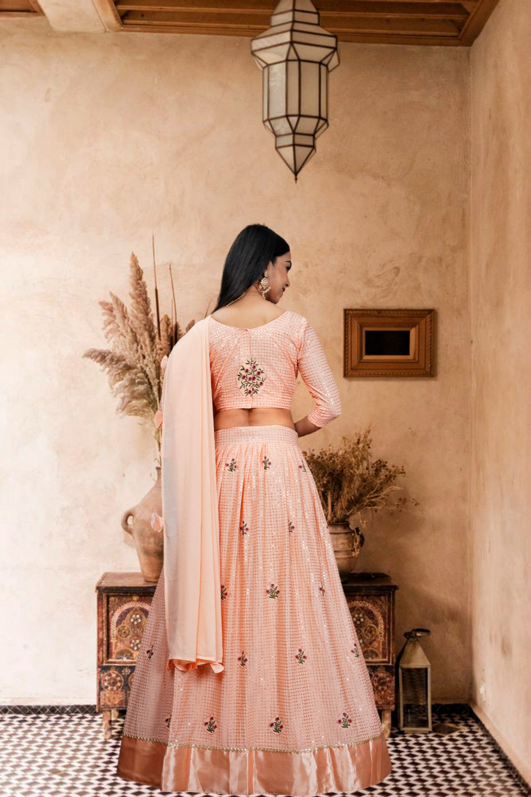 Peach Georgette Lehenga | Designer Sequence Embroidery & Dupatta