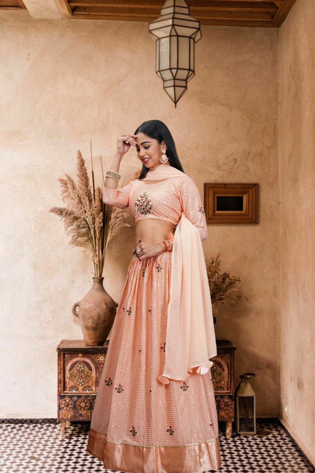 Peach Georgette Lehenga | Designer Sequence Embroidery & Dupatta