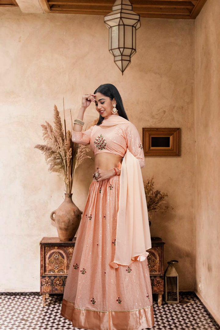 Peach Georgette Lehenga | Designer Sequence Embroidery & Dupatta