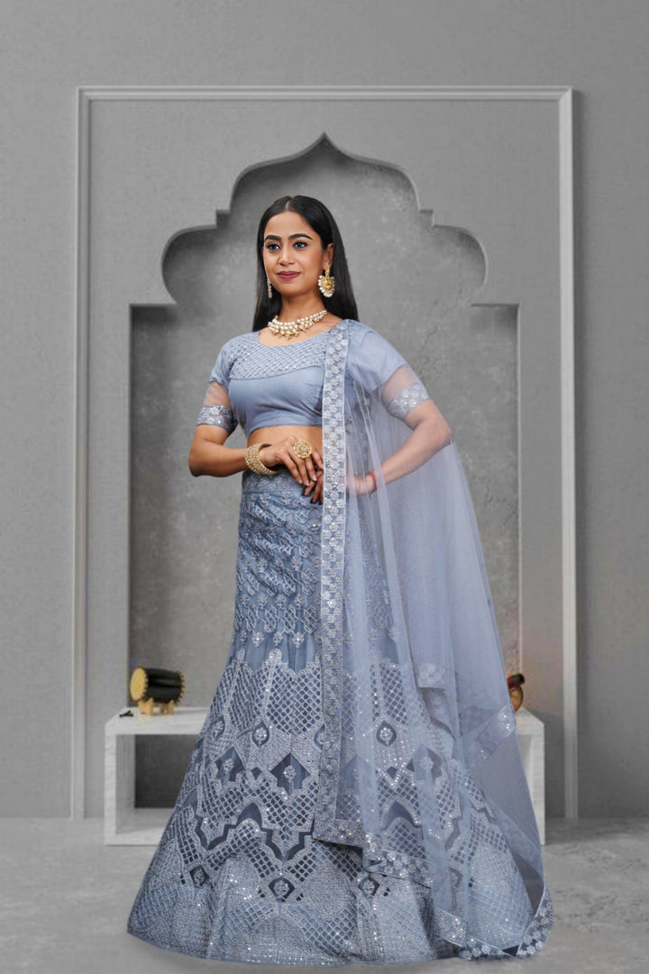 Breathtaking Gray Net Lehenga with Gray Dupatta | Elegance Redefined for Brides