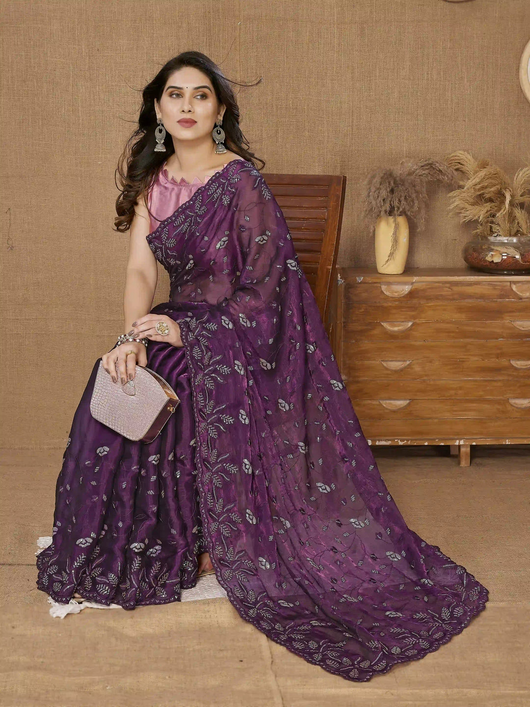 Designer Sequance Embroidered Burberry Saree | Art-Silk Blouse for Weddings
