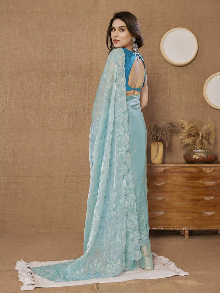 Designer Sequance Embroidered Burberry Saree | Art-Silk Blouse for Weddings