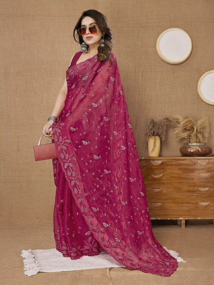 Designer Sequance Embroidered Burberry Saree | Art-Silk Blouse for Weddings