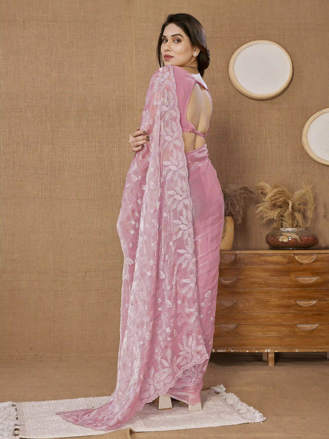 Designer Sequance Embroidered Burberry Saree | Art-Silk Blouse for Weddings