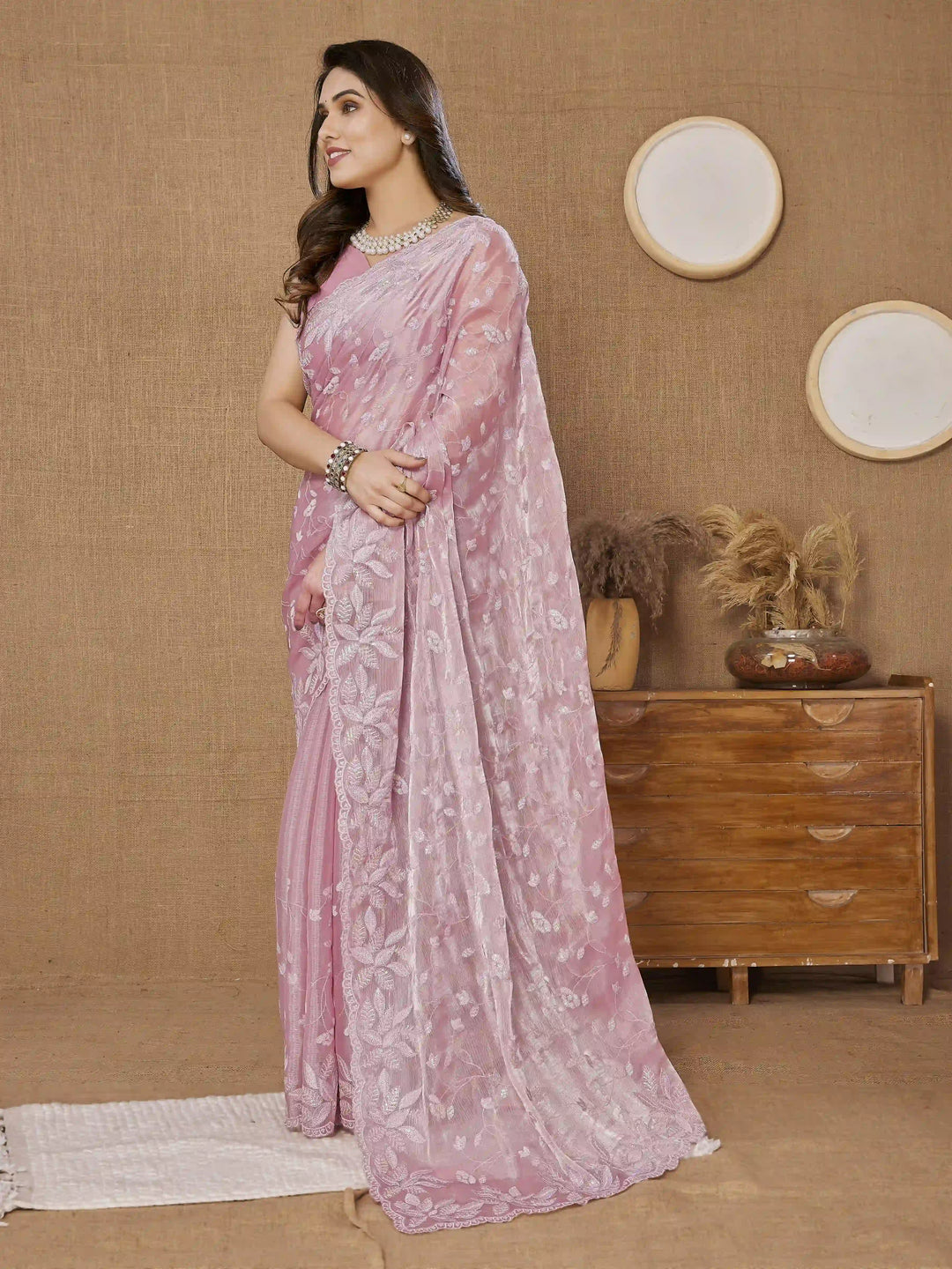Designer Sequance Embroidered Burberry Saree | Art-Silk Blouse for Weddings