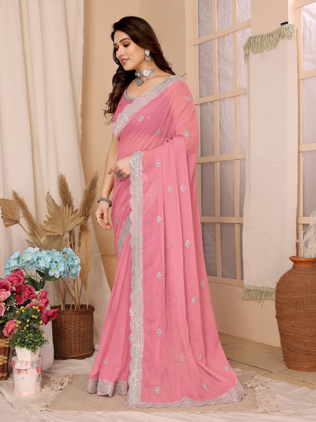 Chiffon Saree with Sequins Embroidery | Elegant Wedding & Party Wear