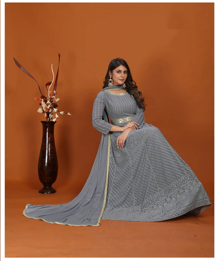 Designer Anarkali Style Gown with Dupatta | Embroidered Faux Georgette