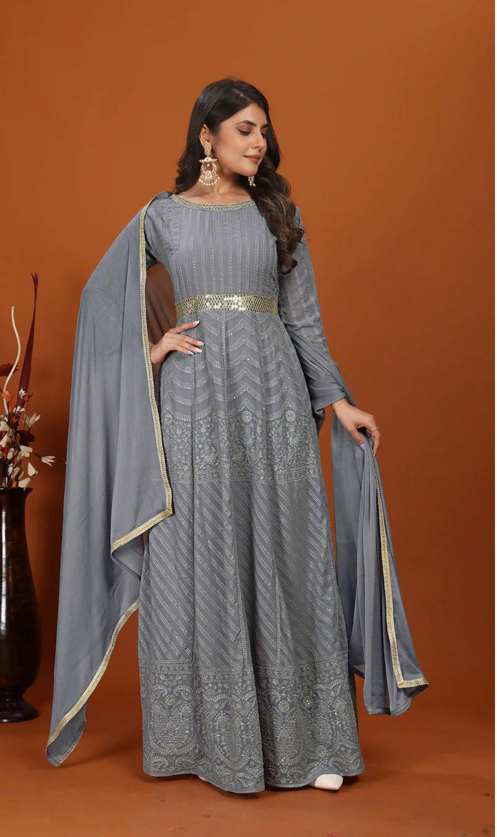 Designer Anarkali Style Gown with Dupatta | Embroidered Faux Georgette