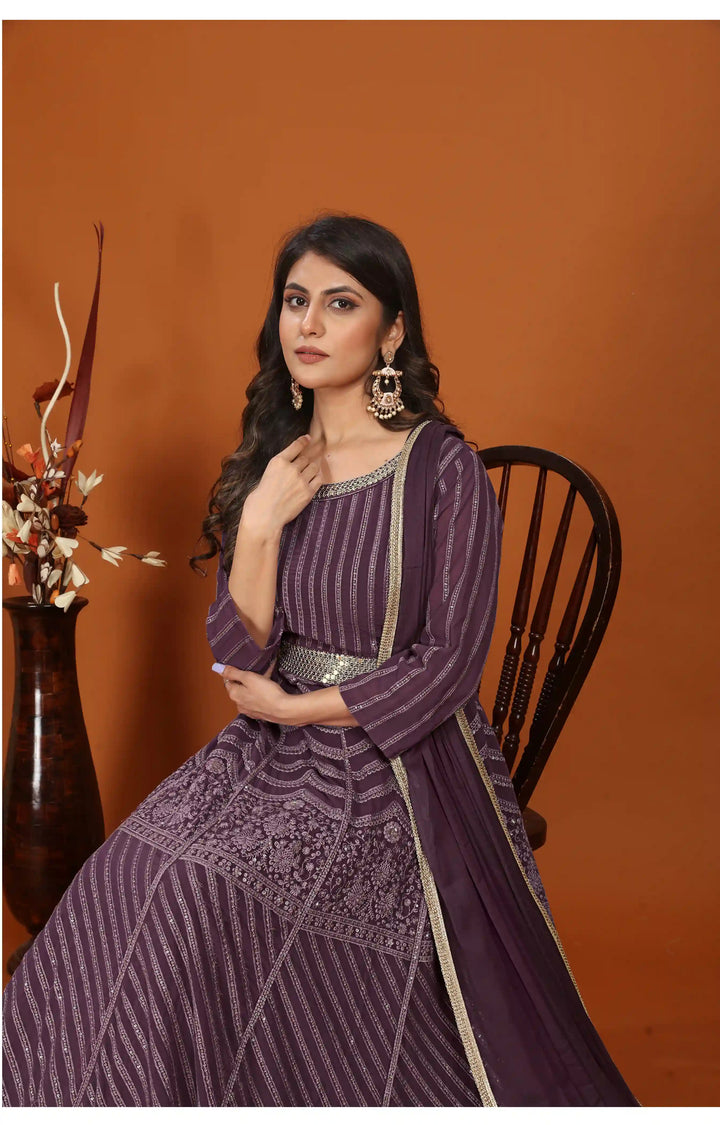 Designer Anarkali Style Gown with Dupatta | Embroidered Faux Georgette