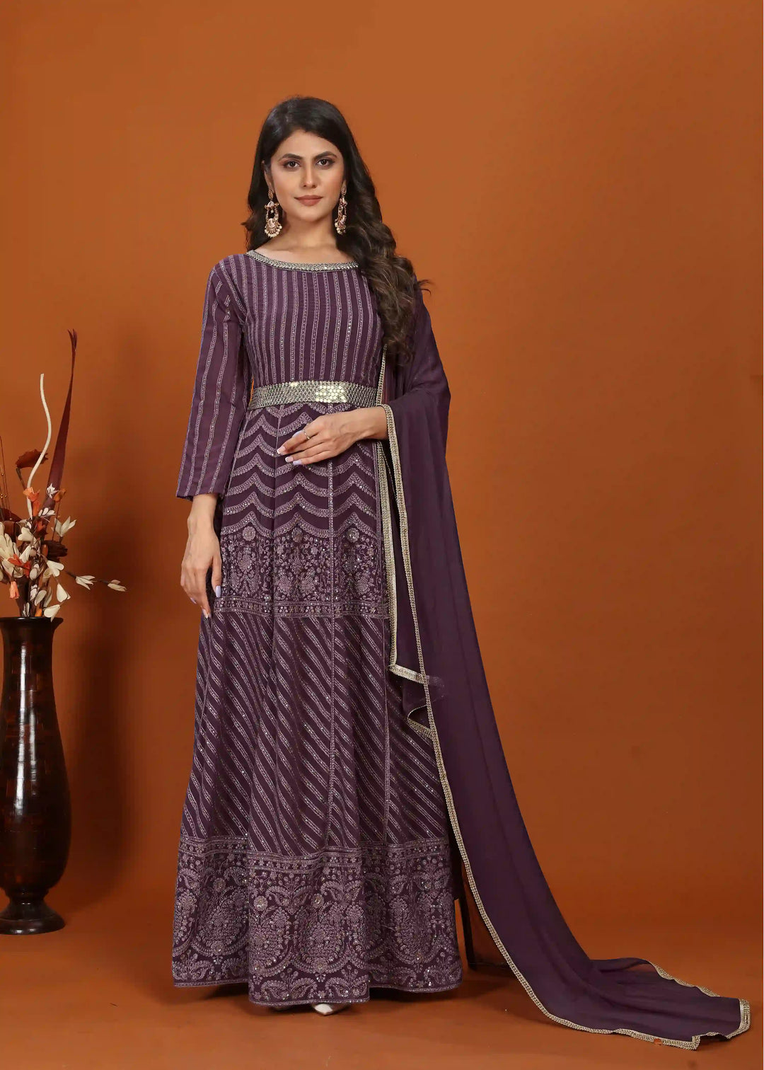 Designer Anarkali Style Gown with Dupatta | Embroidered Faux Georgette