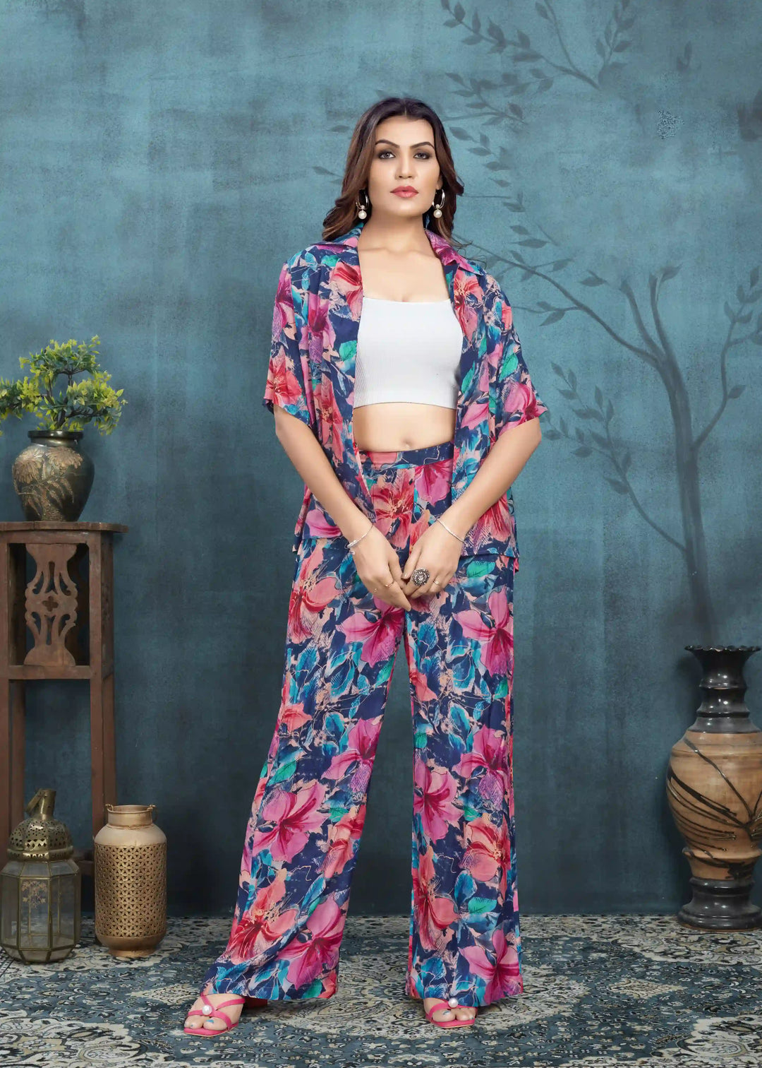 Blue Kurti for Wedding | Designer Printed Muslin Co-Ord Set