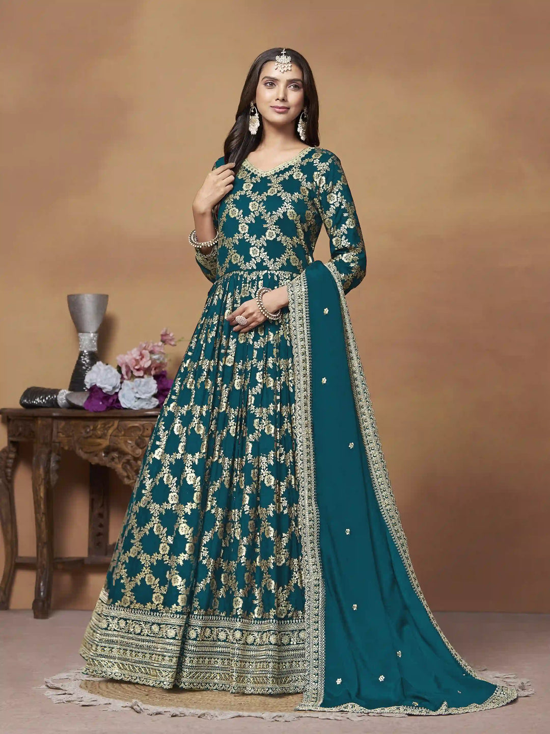 Elegant Party Wear Anarkali Suit in Dola Jacquard Fabric | Designer Long Dress for Special Occasions