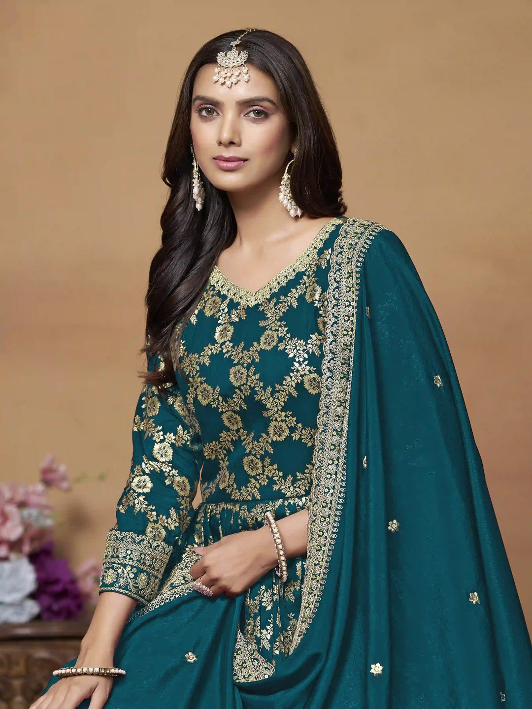 Elegant Party Wear Anarkali Suit in Dola Jacquard Fabric | Designer Long Dress for Special Occasions
