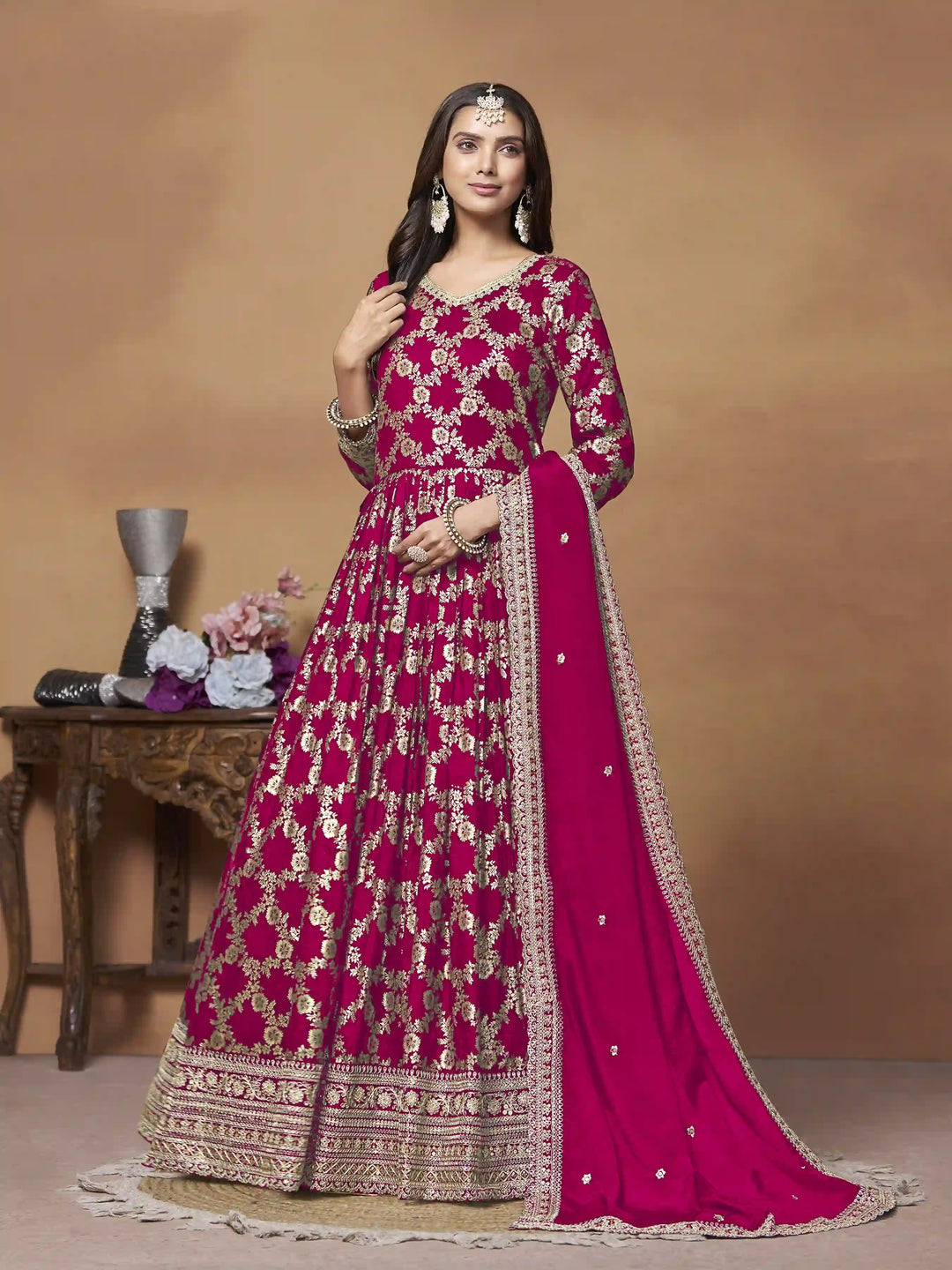 Elegant Party Wear Anarkali Suit in Dola Jacquard Fabric | Designer Long Dress for Special Occasions