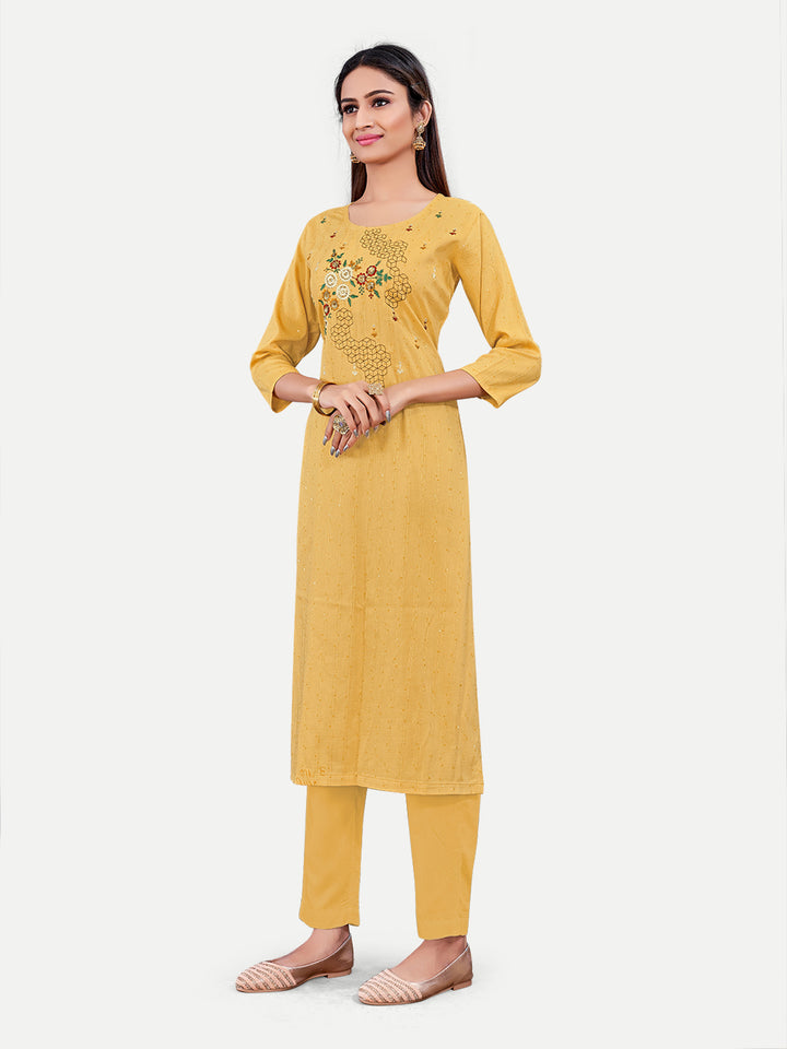 Elegant Yellow Kurti | Designer Embroidery Work Cotton Fabric
