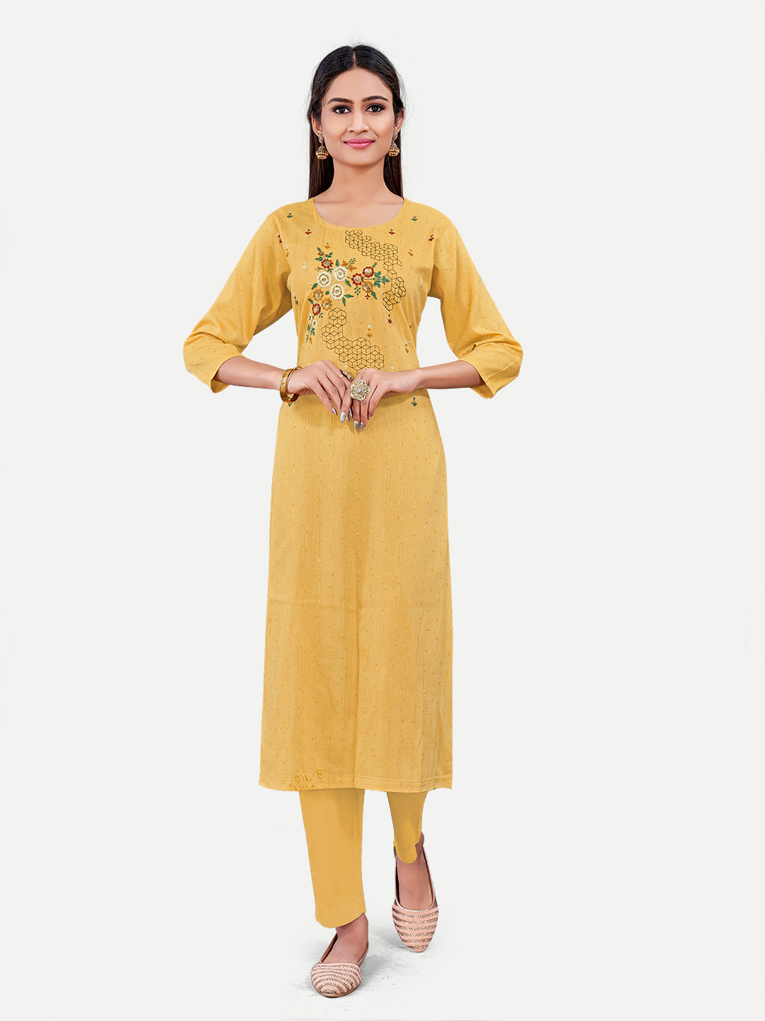 Elegant Yellow Kurti | Designer Embroidery Work Cotton Fabric