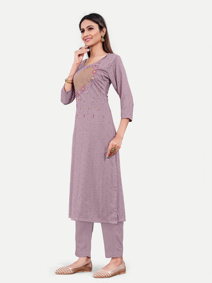 Lavender Cotton Kurti | Designer Embroidery Work Festive Wear