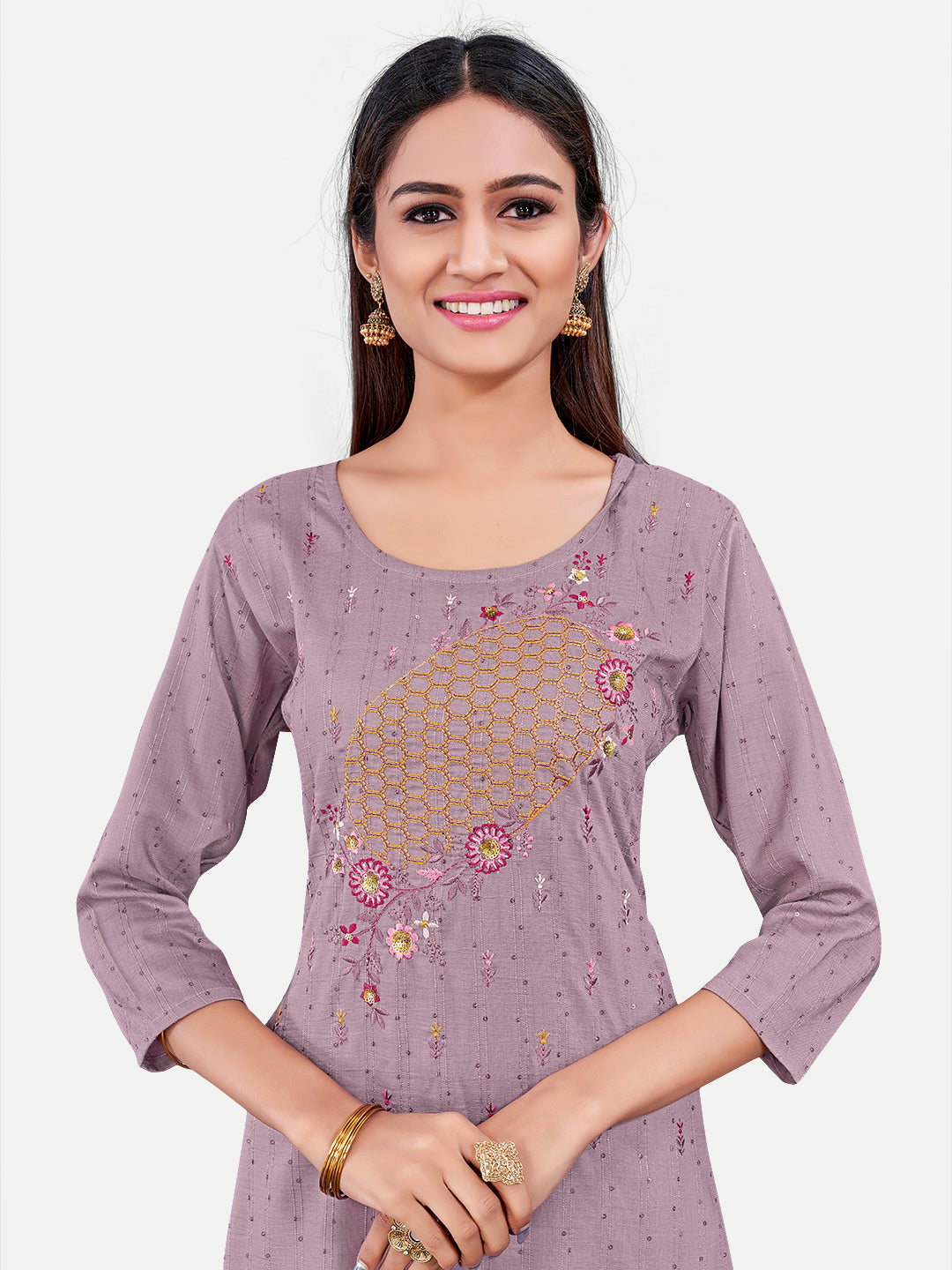 Lavender Cotton Kurti | Designer Embroidery Work Festive Wear