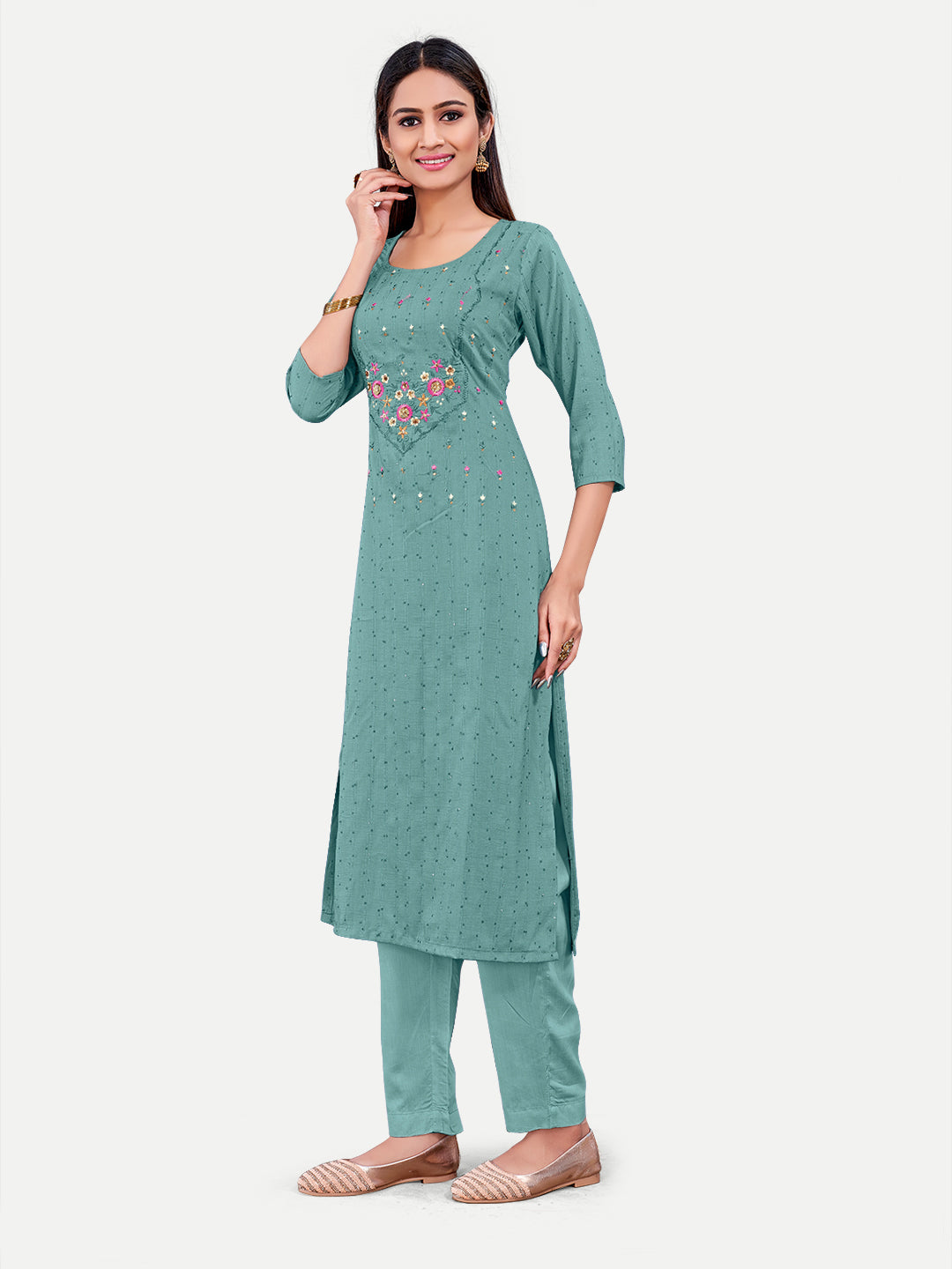 Sea Green Kurti | Cotton Designer Kurti Embroidery Work Kurta