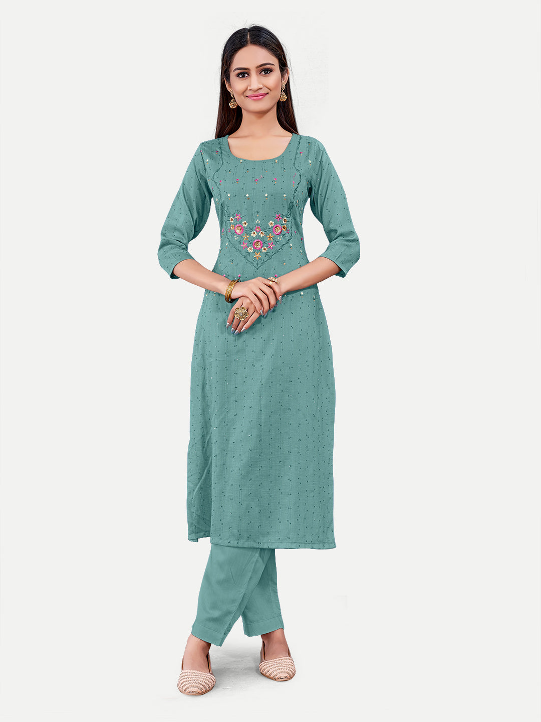 Sea Green Kurti | Cotton Designer Kurti Embroidery Work Kurta