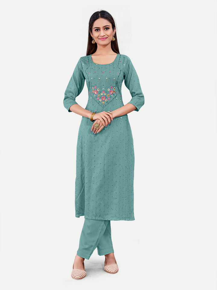 Sea Green Kurti | Cotton Designer Kurti Embroidery Work Kurta