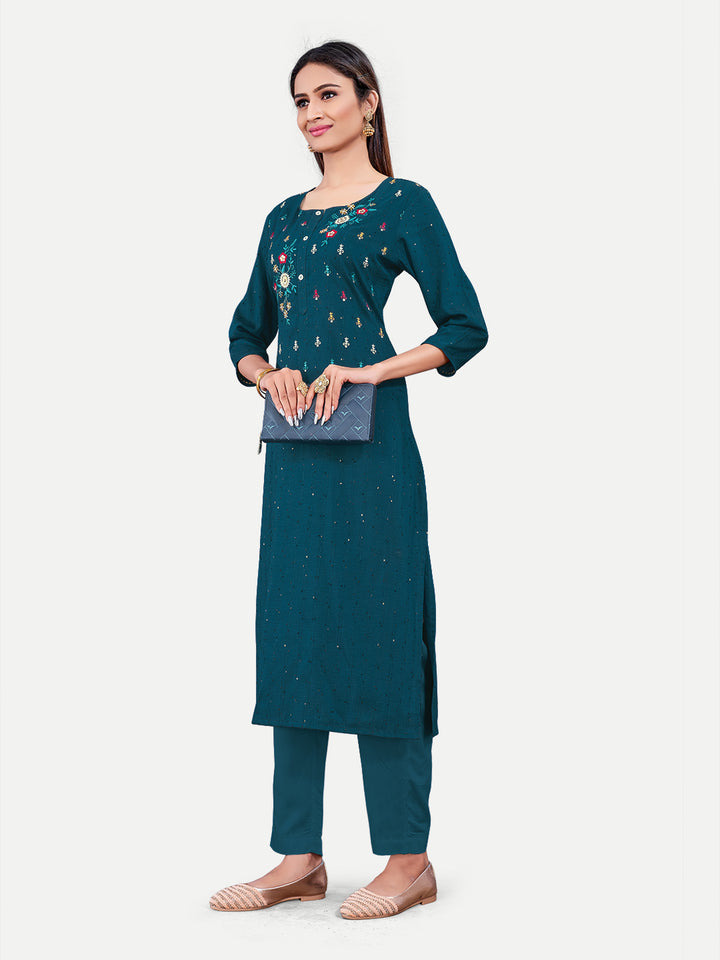 Teal Cotton Kurti | Designer Embroidery Kurta for Women