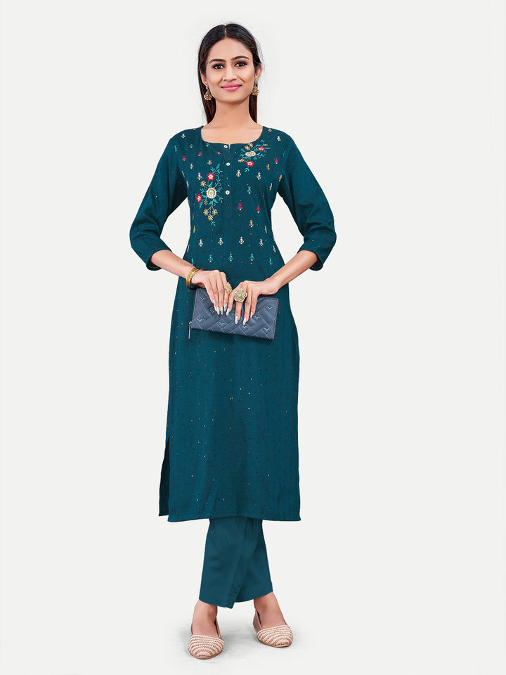 Teal Cotton Kurti | Designer Embroidery Kurta for Women