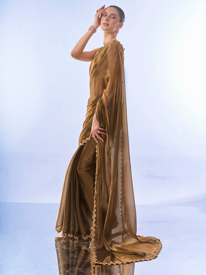 Mehendi Jimmy-Choo Saree | Art-Silk Blouse | Elegant Lace-Work for Weddings