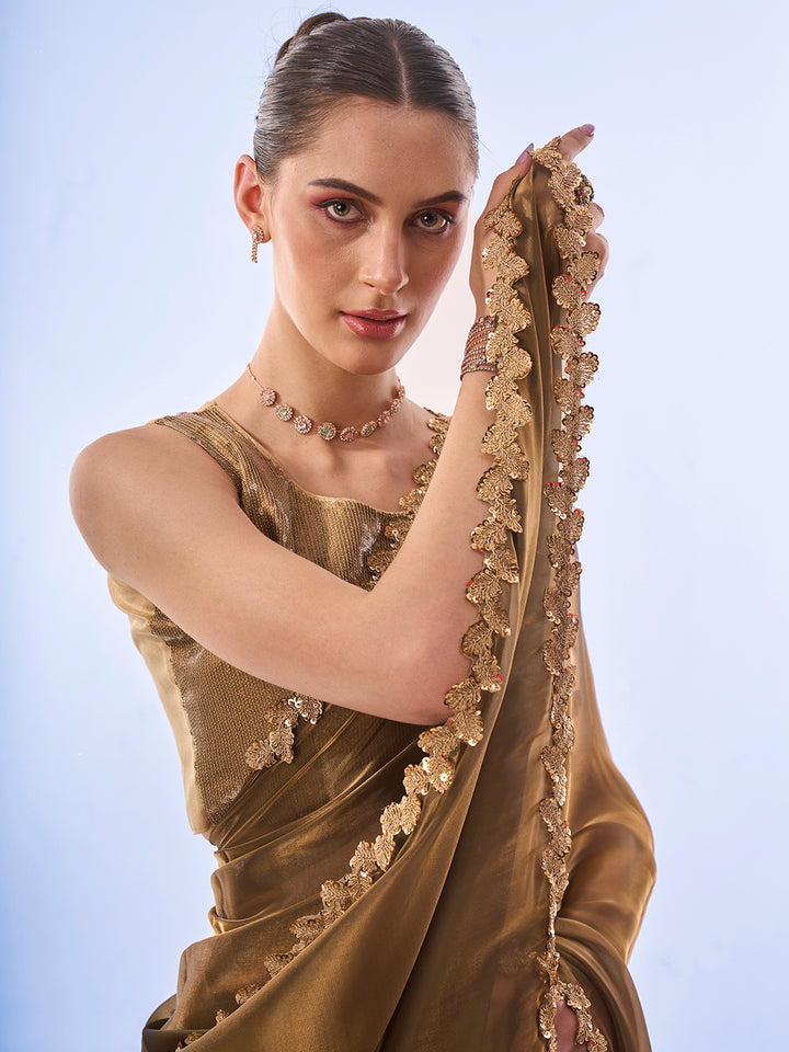 Mehendi Jimmy-Choo Saree | Art-Silk Blouse | Elegant Lace-Work for Weddings