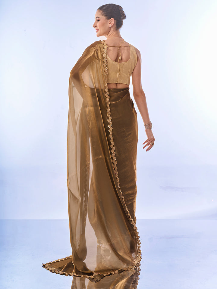 Mehendi Jimmy-Choo Saree | Art-Silk Blouse | Elegant Lace-Work for Weddings