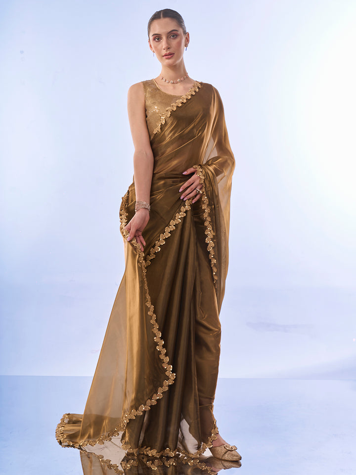 Mehendi Jimmy-Choo Saree | Art-Silk Blouse | Elegant Lace-Work for Weddings