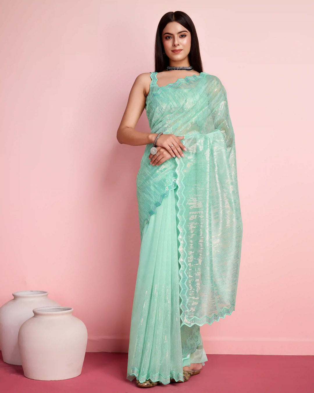 Elegant Silver Twill Saree with Sequined Thread Embroidery | Special Event Wear