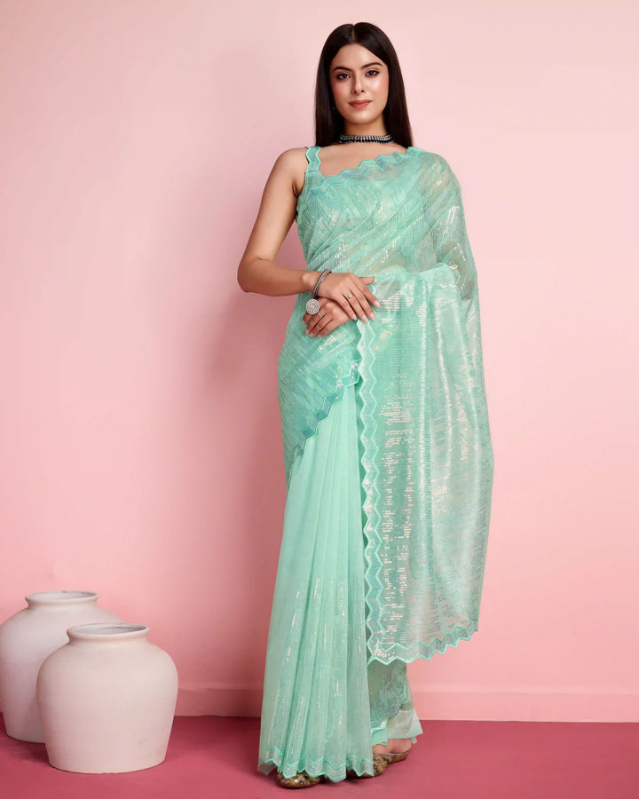 Elegant Silver Twill Saree with Sequined Thread Embroidery | Special Event Wear