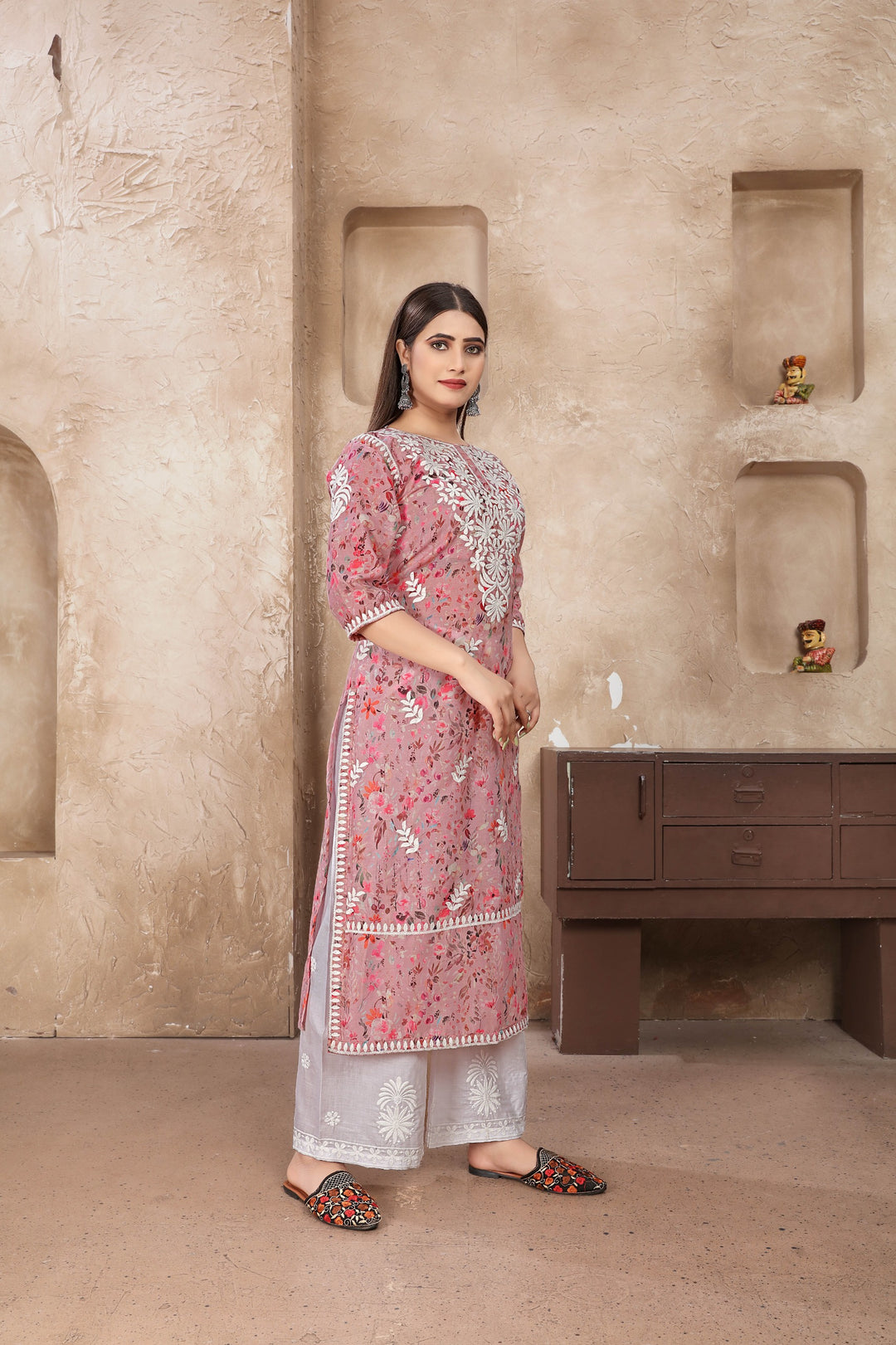 Stylish Cotton Kurta Set for Women | Pink Embroidery Ready to Wear