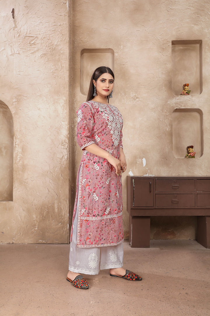 Stylish Cotton Kurta Set for Women | Pink Embroidery Ready to Wear