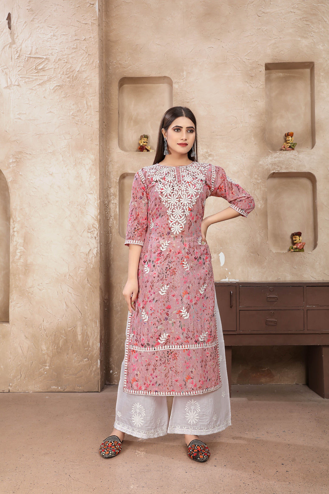 Stylish Cotton Kurta Set for Women | Pink Embroidery Ready to Wear