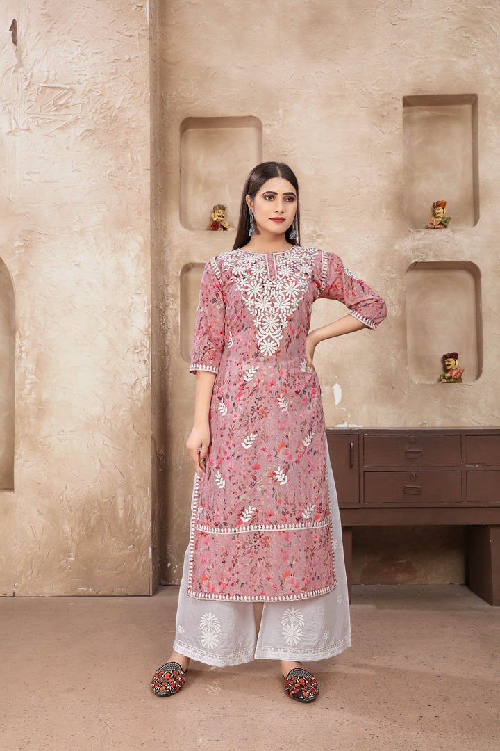 Stylish Cotton Kurta Set for Women | Pink Embroidery Ready to Wear