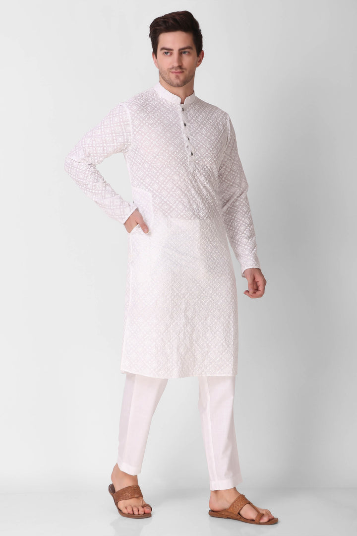 White Cotton Designer Kurta for Men | Sequin Embroidery Work