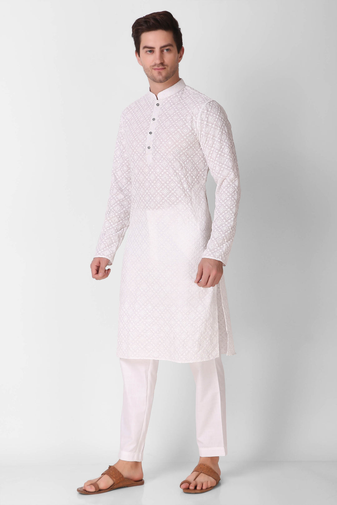 White Cotton Designer Kurta for Men | Sequin Embroidery Work