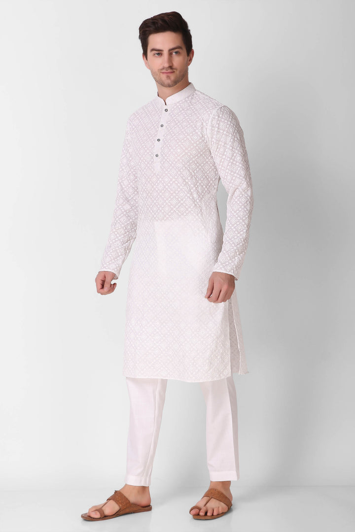 White Cotton Designer Kurta for Men | Sequin Embroidery Work